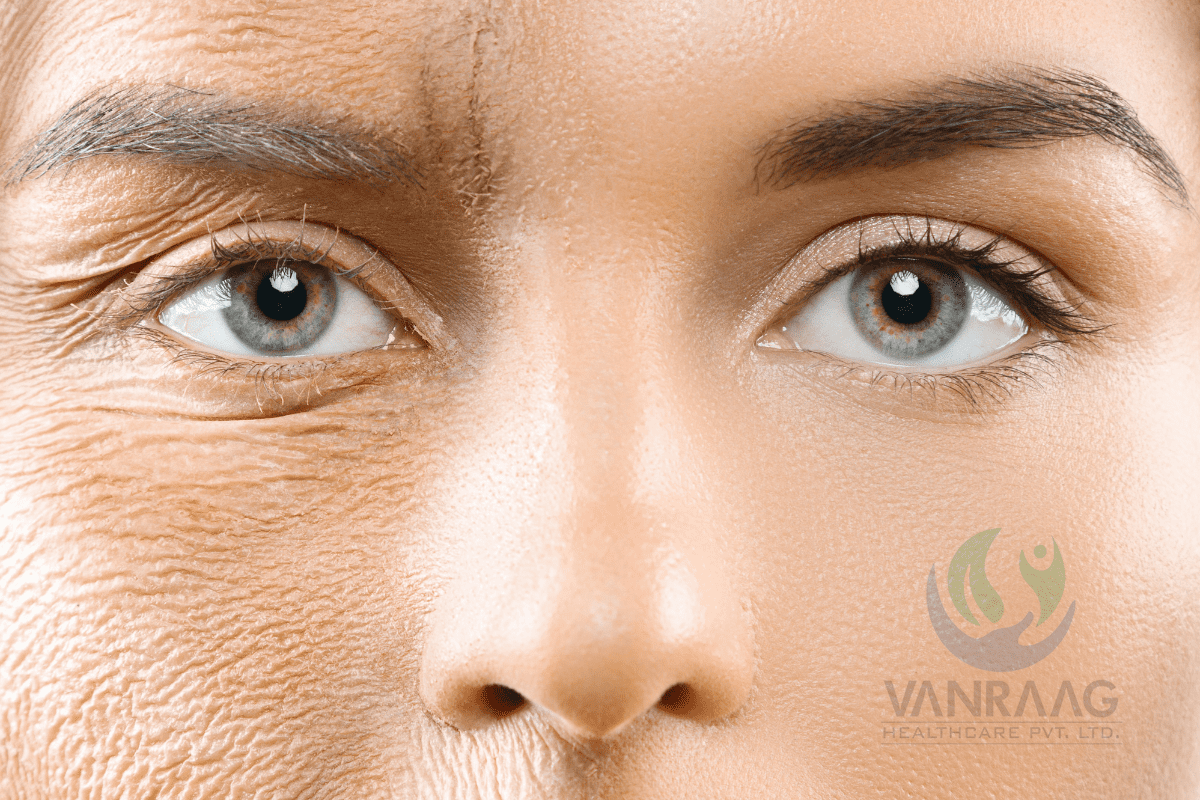 Split-face woman. Left: aged with wrinkles. Right: youthful, showcasing Vanraag's Day Brightening Cream benefit 